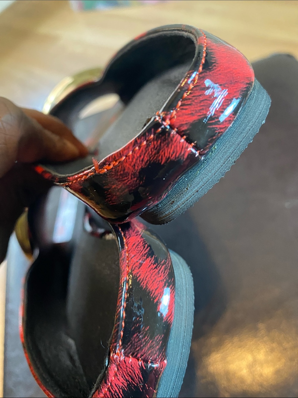 Red Leopard-Print Open-Toe Mules with Gold Accent - Picture 6 of 7
